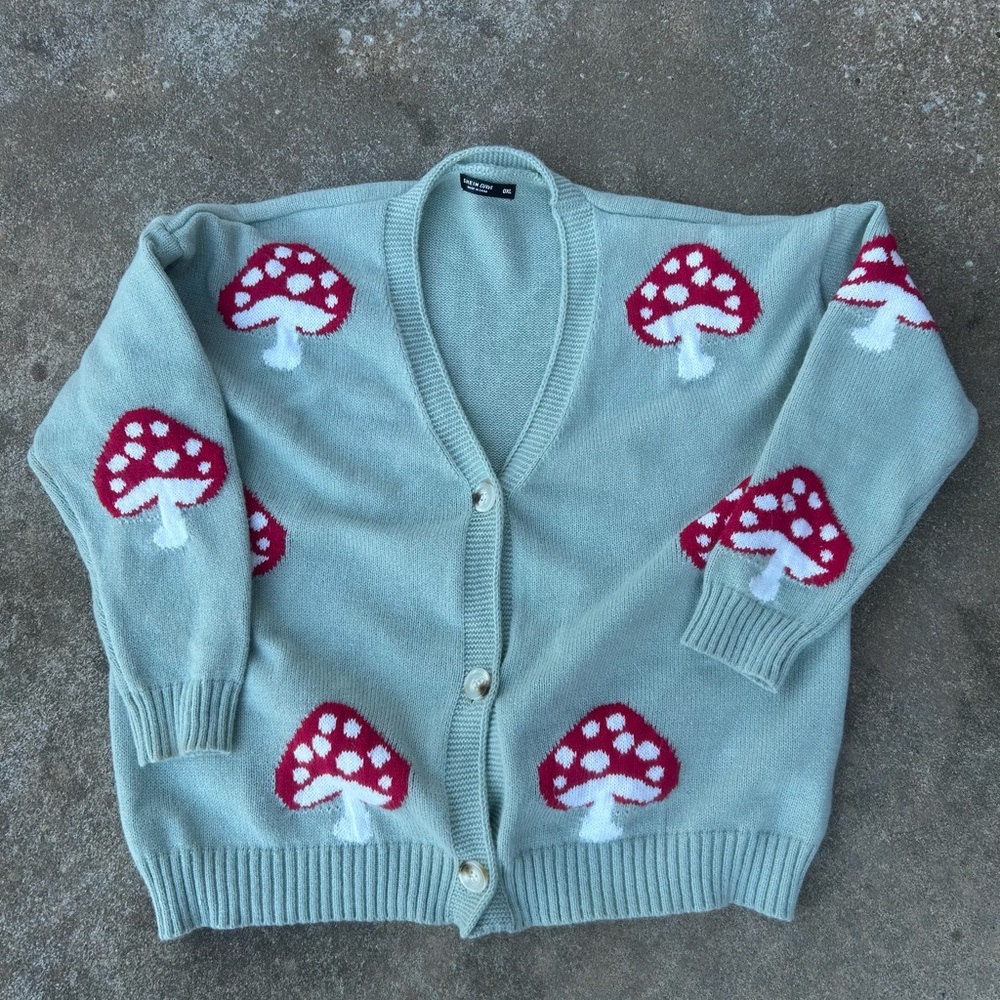 SHEIN Green Cardigan with Red Mushroom Design
